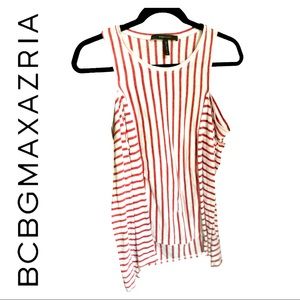 Long Sleeve Pinned Stripe White and Red Top Shoulder Cutout